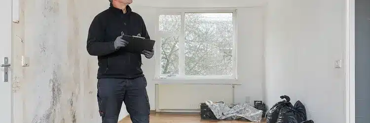 Ontruimingsspecialist inspecteert een vervuilde ruimte na het aantreffen van een hennepplantage