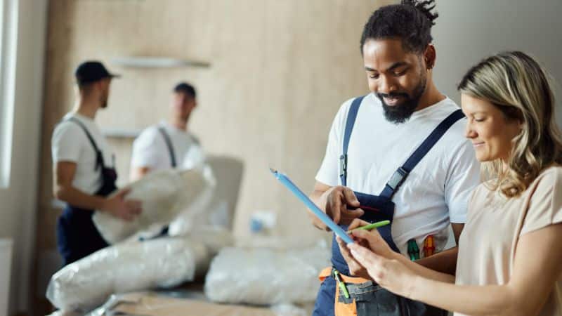 Ontruimer en klant bespreken de werkzaamheden tijdens een huisontruiming.
