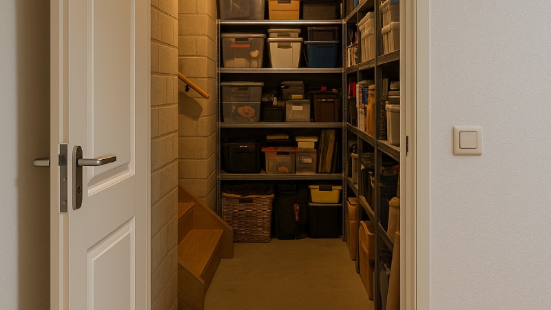 Netjes opgeruimde kelder met rekken vol opbergdozen na professionele kelderontruiming