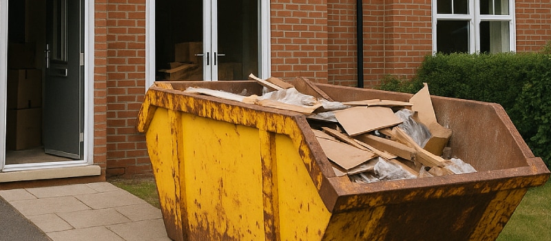 Gele container op de oprit van een woning, deur open terwijl ontruimers binnen aan het werk zijn